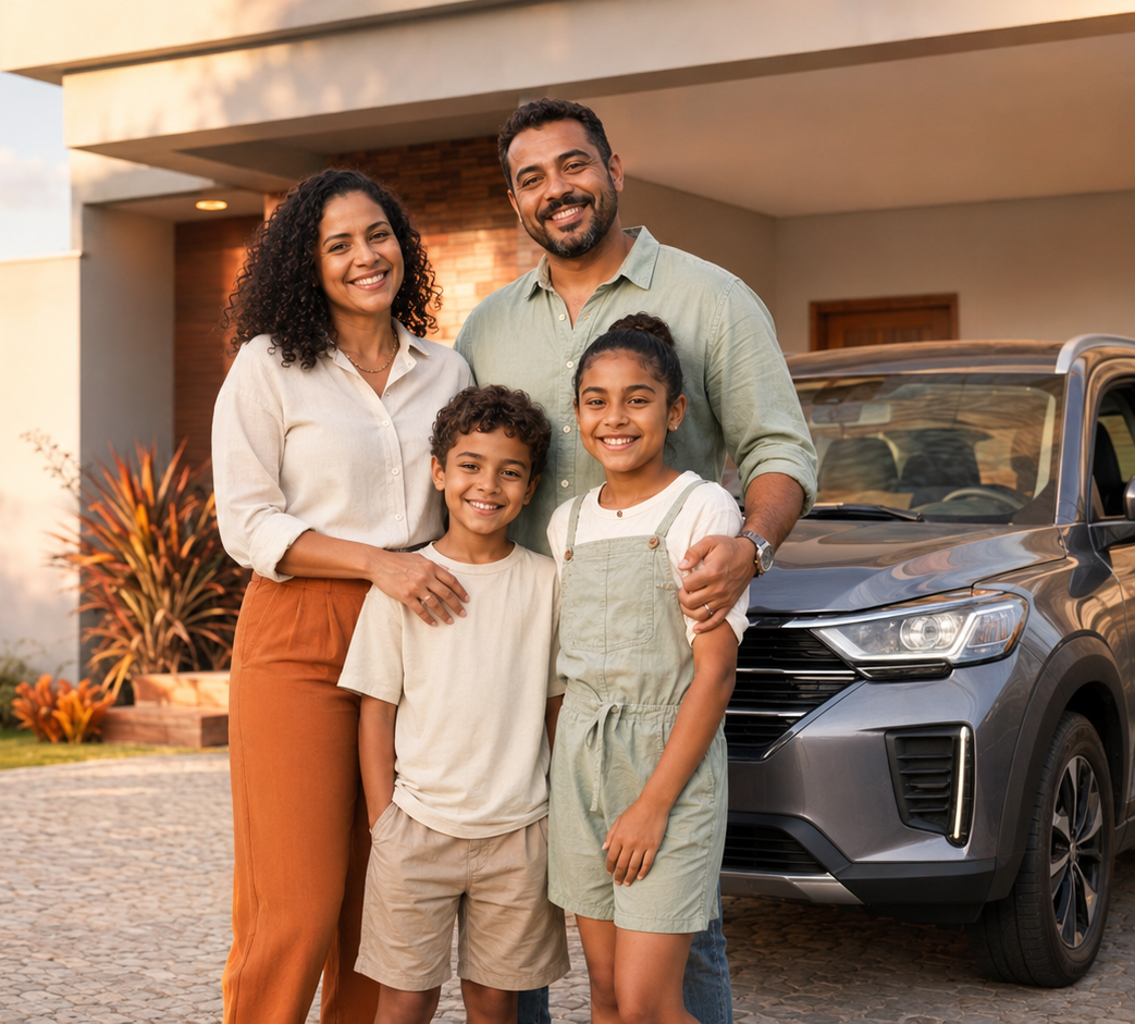 Família protegida com sua casa e carro
